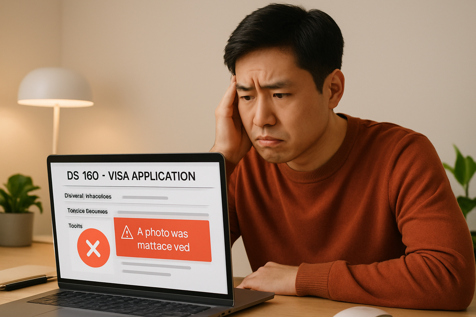 East Asian person looking frustrated at laptop screen showing DS-160 visa application photo upload error