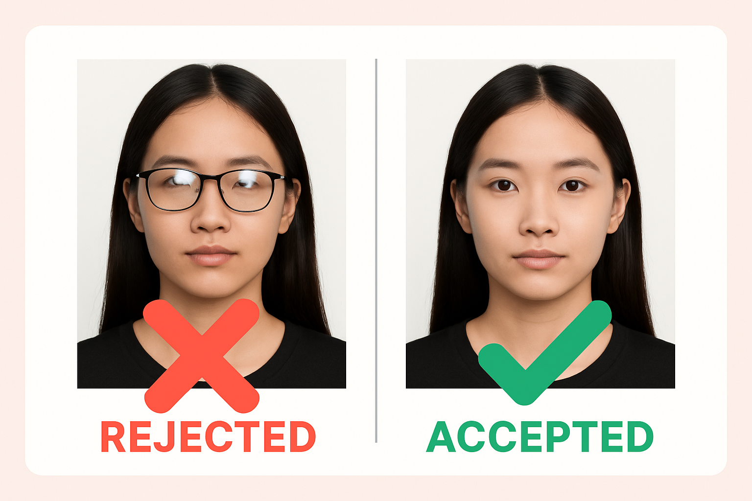 Passport photo comparison: with glasses rejected vs without glasses accepted