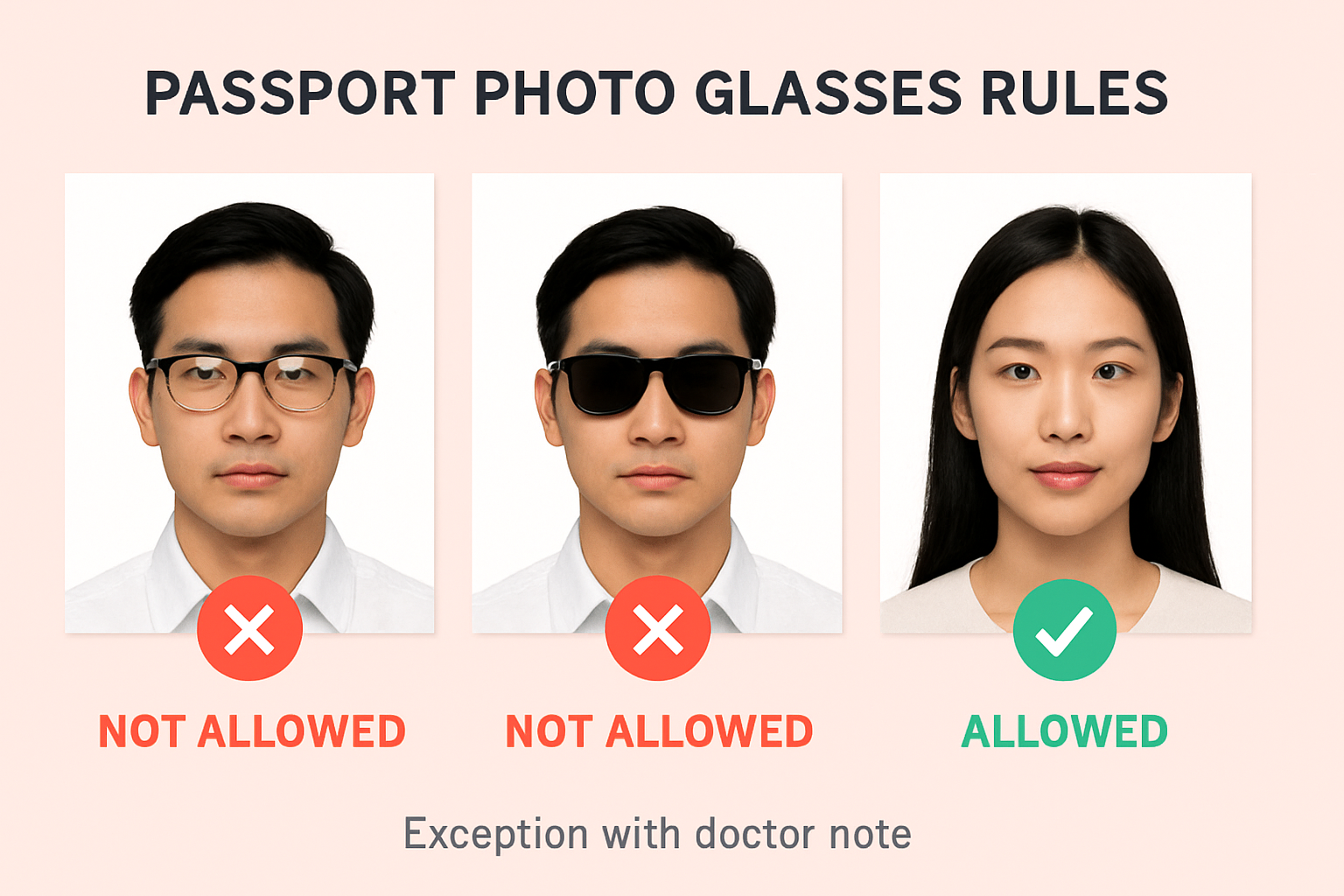 护照照片眼镜规定：近视镜、太阳镜不允许，不戴眼镜才合格