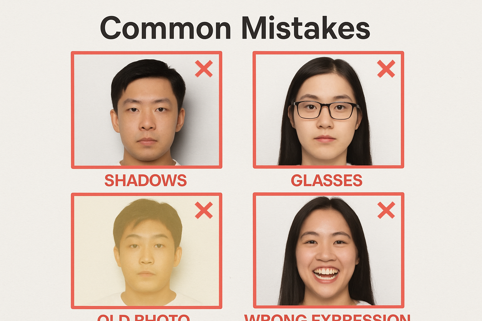 护照照片常见错误示范：影子、眼镜、旧照片、表情夸张